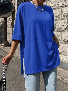 EURMUSE Drop Shoulder Split Hem Tee - Blue - View 4