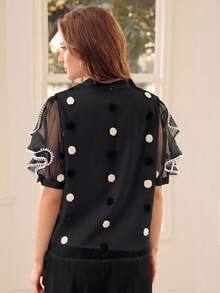 MOTF PREMIUM POLKA DOT PRINT SHEER PETAL SLEEVE BLOUSE FOR WOMEN - Black - View 2