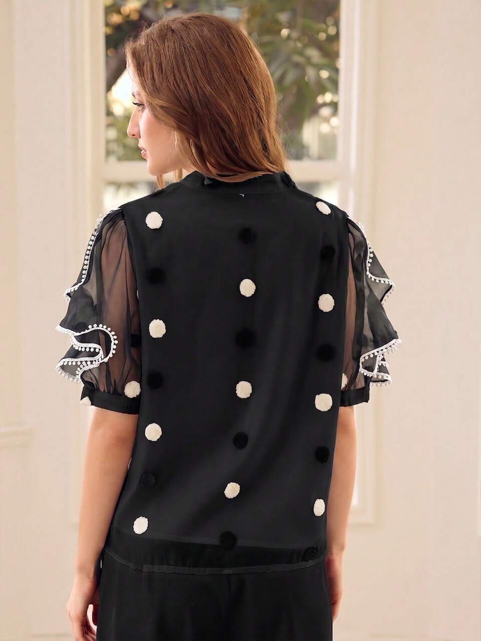 POLKA DOT PRINT SHEER PUFF SLEEVE BLOUSE FOR WOMEN