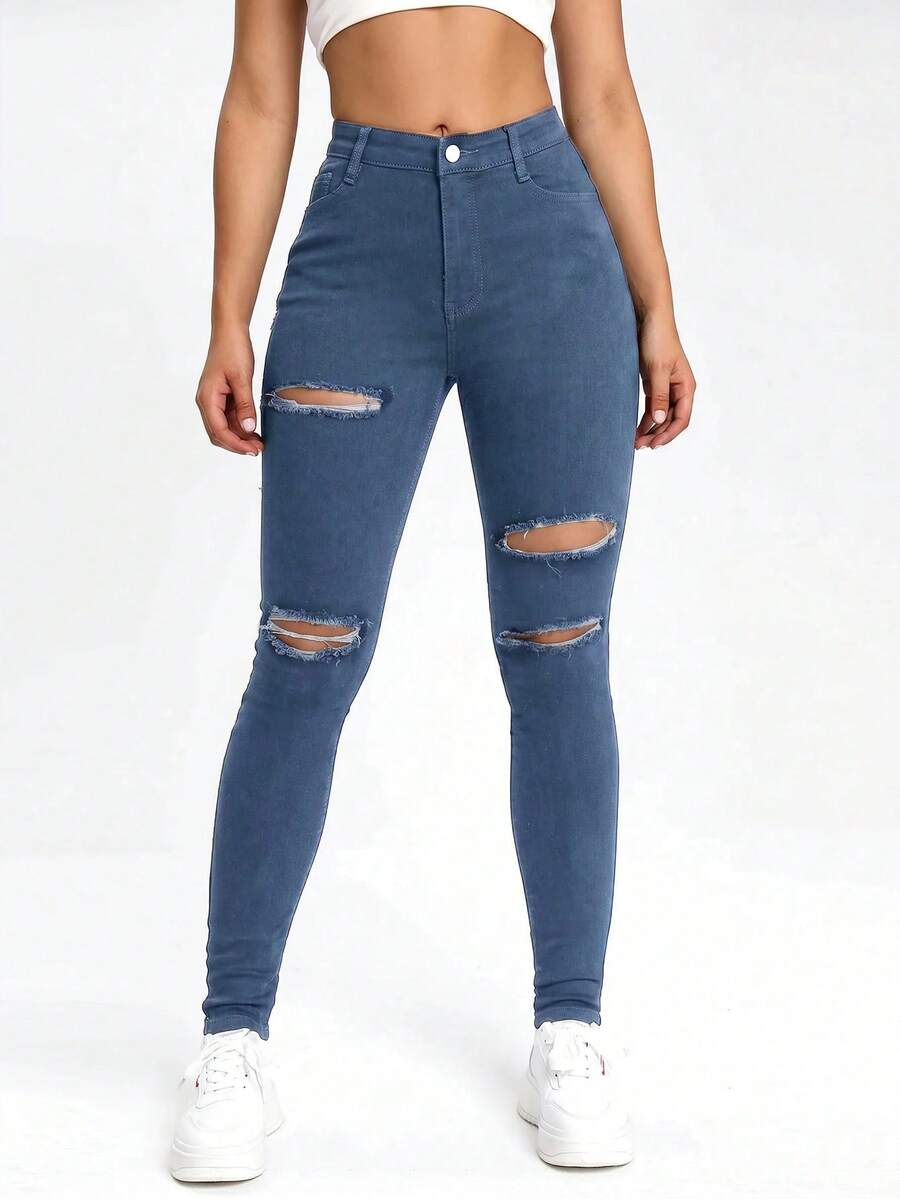 SHEIN EZwear Aqua Blue Slant Pocket Ripped Skinny Jeans Everyday Going Out Summer Casual Streetwear - Blue - View 1