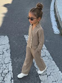 Hapijoa Asymmetric Lapel Design Shirt Casual Set + Straight Leg Pants Young Girls Shirt Set Fall - Khaki - View 2