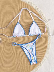 Swim Mod Bộ 2 chiếc/bộ đồ bơi bikini móc hoa vỏ sò sâu chữ V dễ thương bằng vải micropattern Marine không dây buộc dây, kỳ nghỉ bãi biển cho mùa xuân và mùa hè - Xanh và trắng - Xem 3