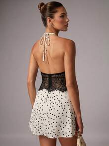 Avenya Vestido corto de fiesta elegante con escote halter, lunares en blanco y negro, espalda descubierta, parches de encaje y silueta evasé, para fiestas, citas o vacaciones - Multicolor - Ver 7