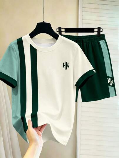 Manfinity Hypemode Conjunto de Camiseta de Manga Curta com Ícone de Logotipo H em Blocos de Cores & Shorts Casual Masculino, Versátil Esportivo Casual, Férias