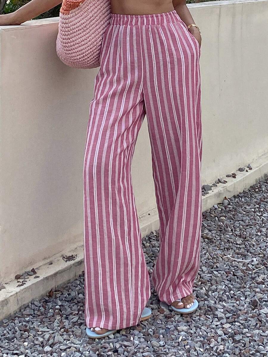 DAZY Women's Striped Elastic Waist Casual Pants - Pink - View 1