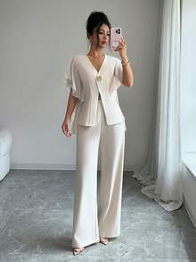 Selianne Summer French Elegant Exquisite V-Neck Casual Commute Chiffon Ruffle Sleeve Exaggerated Metal Button Decor Jacket And Long Pants 2pcs Set Office White - Apricot - View 4