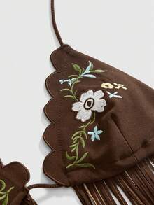 ROMWE Hippie 春夏復古性感熱辣嬉皮風花卉刺繡仿麂皮面料比基尼熱褲套裝 非泳裝 女款 2件組 - 棕色 - 查看 4