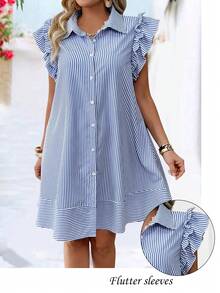 EMERY ROSE Plus Size Fashion Spring/Summer Casual Striped Front Button Cap Sleeve Dress - Blue - View 3