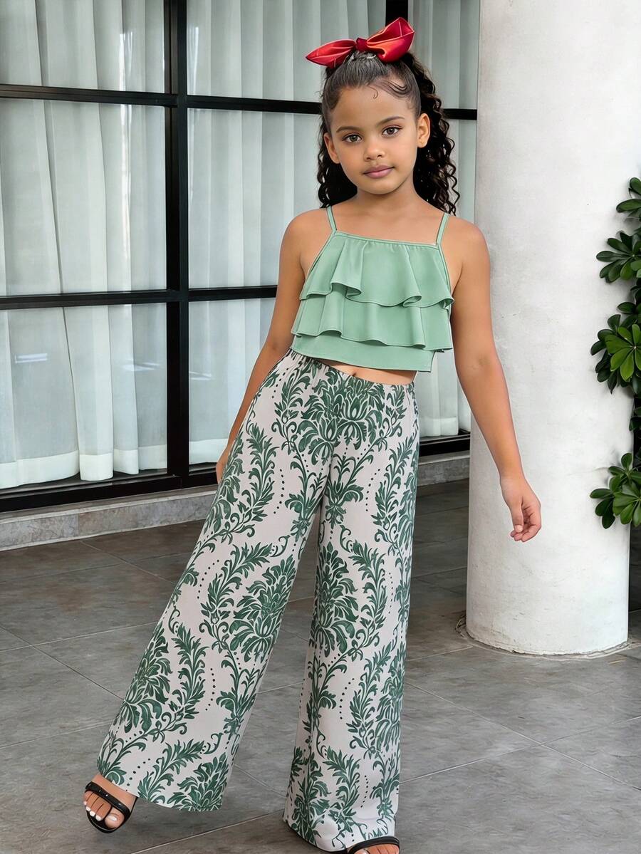 Sparklyn Tween GirlsVacation Set, Layered Ruffle Camisole + Floral Print Wide Leg Pants, & Elegant For Daily Outing, Beach Trip, Photo Shoot - Green - View 1