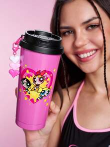 THE POWERPUFF GIRLS X SHEIN 500ml /16 Oz 真空保溫不鏽鋼杯，1個防漏蓋，適用於熱飲/冷飲，適用於大多數杯架，禮物靈感，派對，節日，情人節 - 玫紅色 - 查看 2