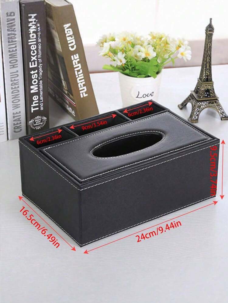 Desktop Organizer - Office Supplies Storage Box - PU Leather Multi-Functional Organizer - For Pens/Pencils, Mobile Phones, Business Cards, & Remote Controls - Black - Black - View 8