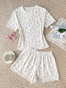 SHEIN 青少年女孩碎花圓領T恤短褲家居服，休閒款 - 彩色 - 查看 6