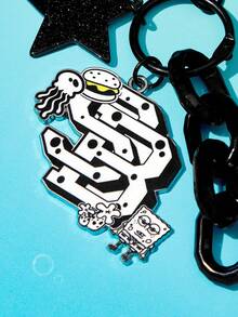 SpongeBob SquarePants | SHEIN 1Pc SpongeBob Black And White Star Burger Headphone Cover Accessories Bag Pendant Keychain - Multicolor - View 2
