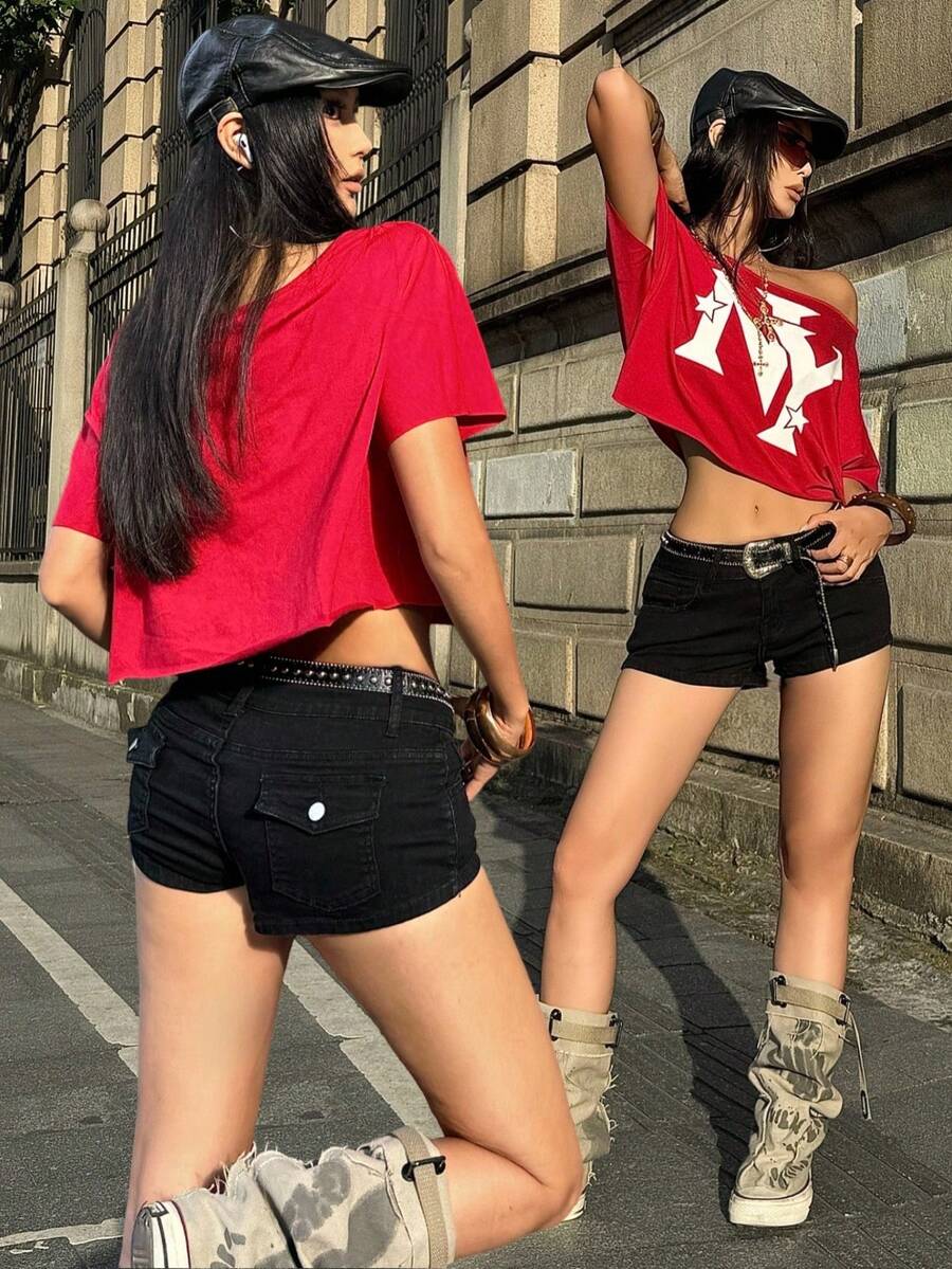 Coolane Women's Summer Streetwear Sexy Y2k City Break Vintage Gyaru Cowgirl Casual Stretchy Cotton Button Down Low-Rise Jorts Denim Shorts Night Out Black