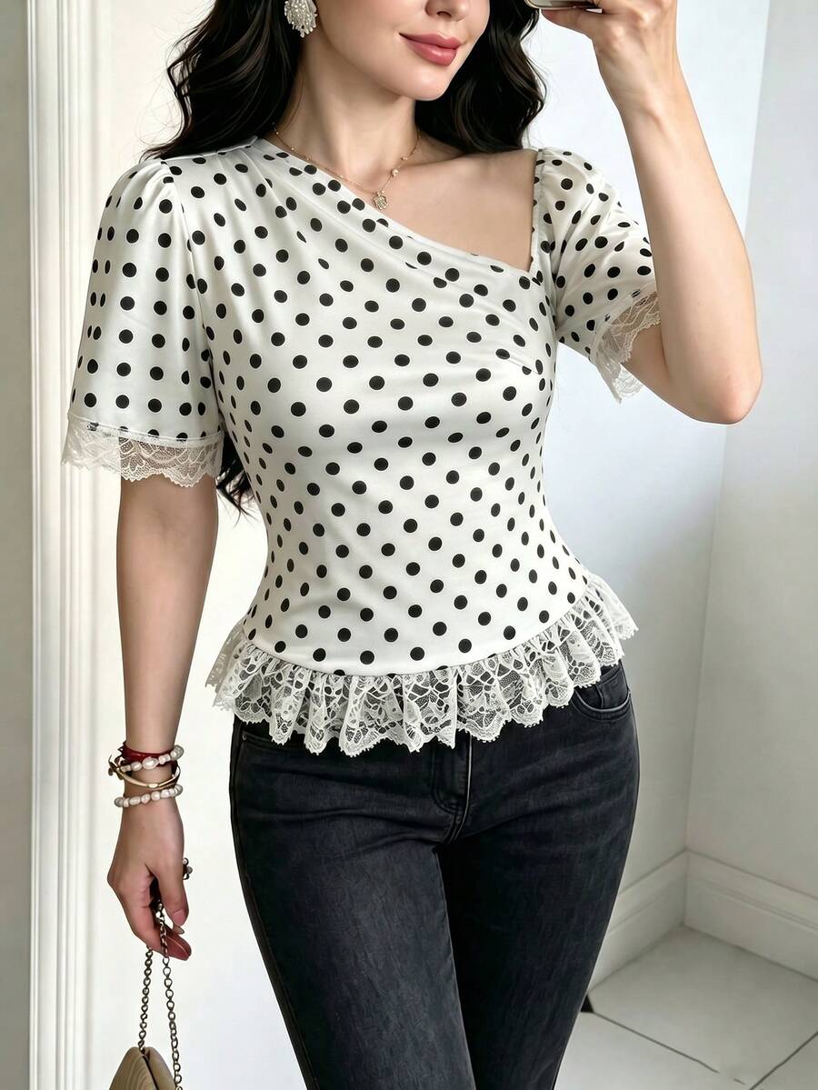 Modelyn Women's Knitted Printed Contrast Lace Short Sleeve Asymmetric Shoulder Vacation Retro Elegant Date High Tea Top White And Black Polka Dot Summer - White - View 1