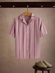 Manfinity CasualCool Men Casual Fashion Versatile Summer Button-Down Short Sleeve Striped Shirt - Pink - View 4