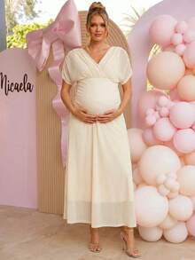 Loomaby Pregnant Women's Solid Color Crossed V-Neck Batwing Sleeve Elegant Dress,Gender Reveal Dress,Maternity Dress,Baby Shower Dress - Khaki - View 8
