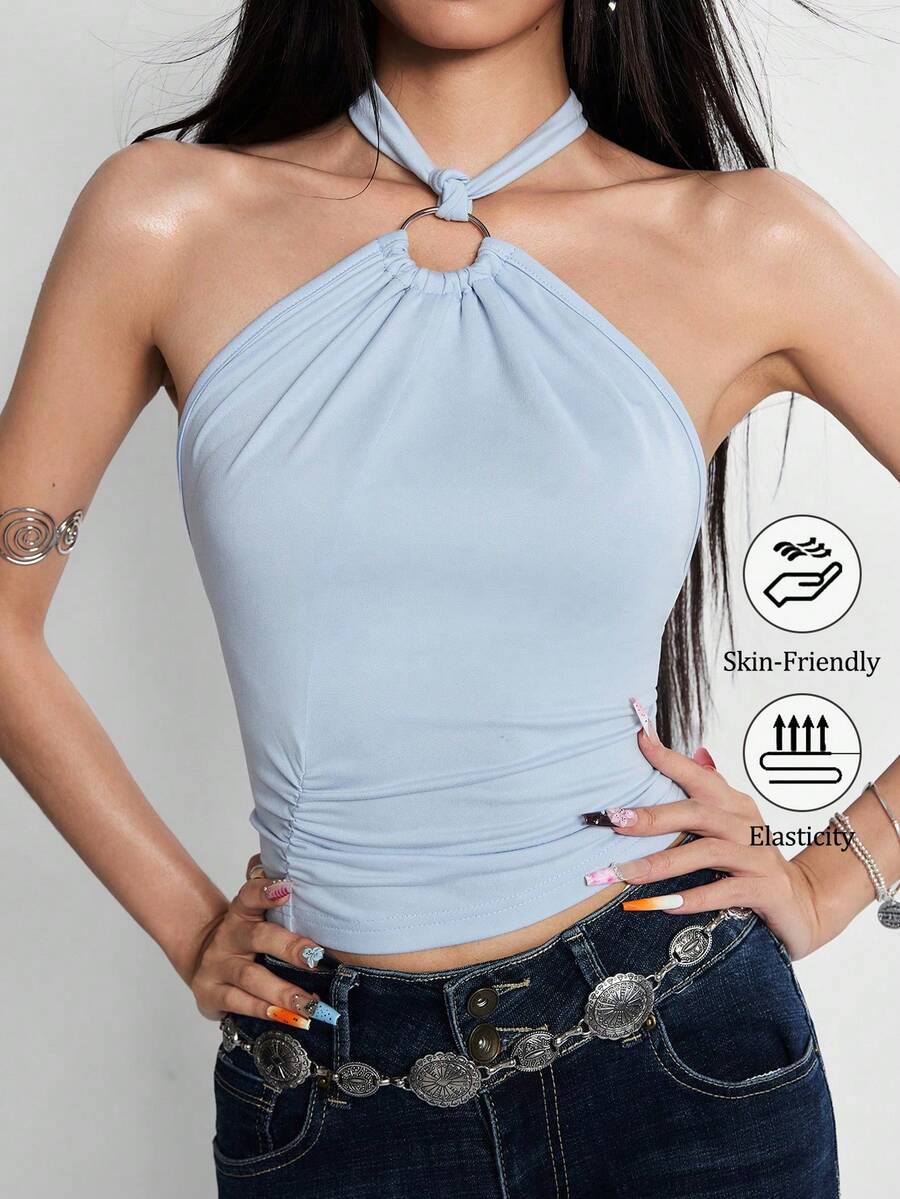 Rina Fox Women's Solid Color Halter Backless Sleeveless Fitted Ruched Fashionable Blouse Vacation Baby Blue Summer Sexy Chic Club Night - Blue - View 1