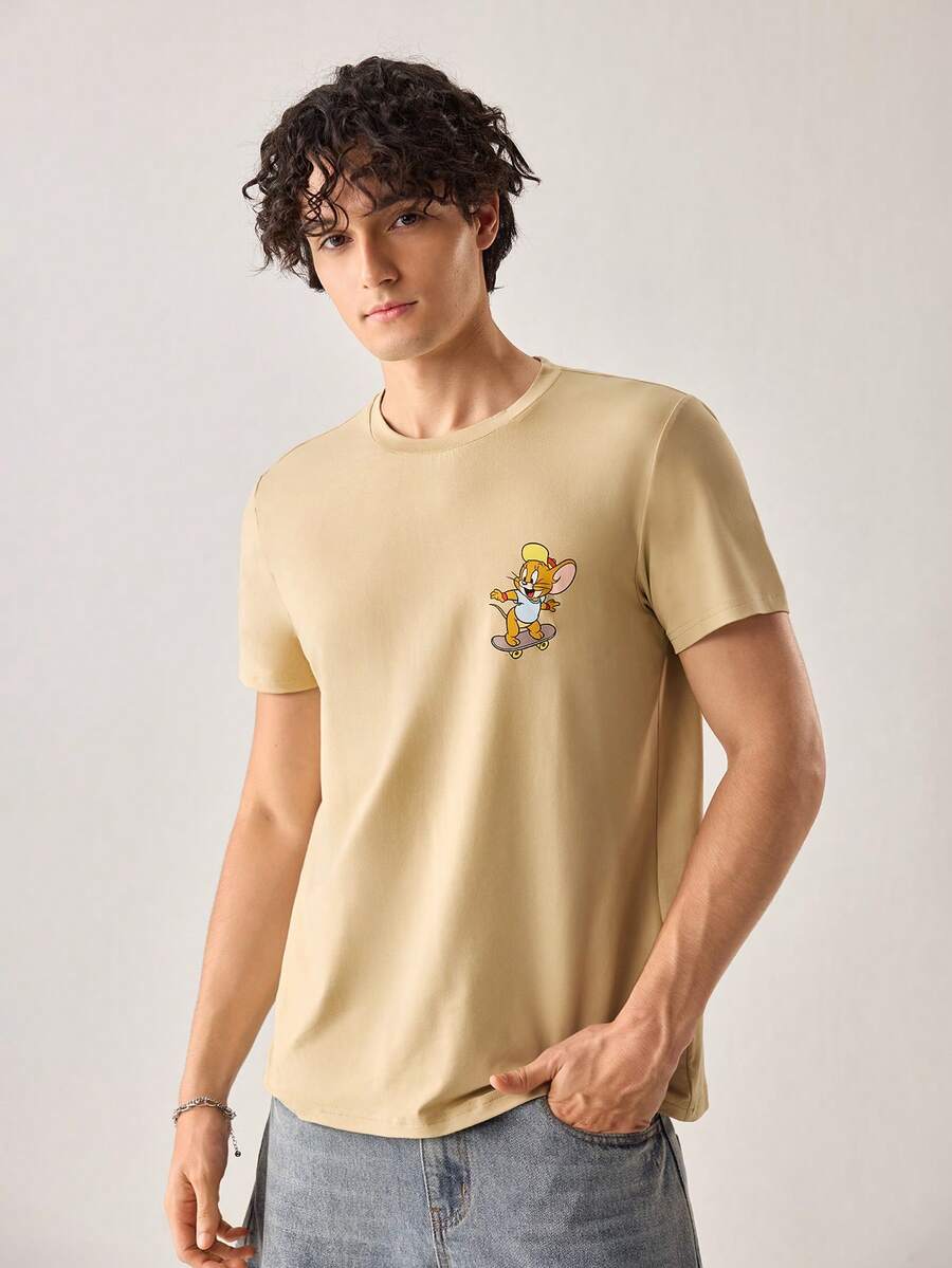 Strevion TOM & JERRY 男士极简主义杰瑞滑板图案印花圆领短袖T恤,夏季 - 卡其色 - 查看 1