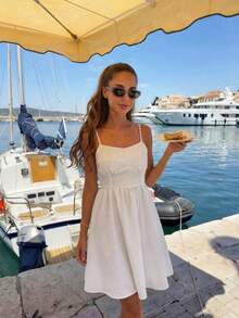 Pariaura Textured Backless Tie Cami Dress Casual A-Line Mini Sundress For Summer Beach Vacation - White - View 8