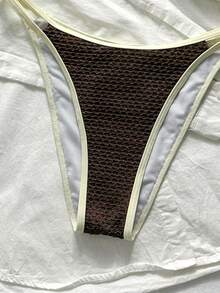 SHEIN Swim 女款兩件式泳衣套裝，特殊布料拼接，後背繫帶設計，夏季度假海灘派對穿著，棕色條紋性感款 - 彩色 - 查看 5