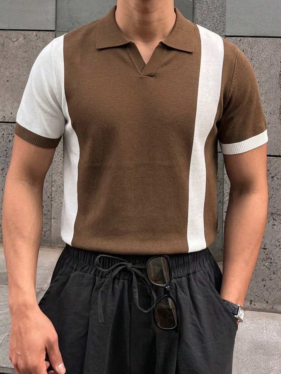 DAZY 男士撞色 Polo 領短袖時尚百搭針織上衣 - 棕色 - 查看 1