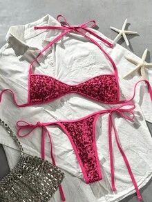 Costavie Bộ bikini 2 món cho kỳ nghỉ bãi biển xuân/hè, áo bandeau cổ yếm vải sequin vân nổi và quần thong buộc bên hông - Màu Hồng Tươi - Xem 7