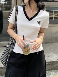 DAZY 蝴蝶結刺繡寬鬆短袖圓領女款T恤 - 白色 - 查看 8