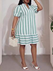 Veslaya Plus Size Women 2026 Spring/Summer New High-End Elegant Romantic V-Neck Petal Sleeve Striped A-Line Patchwork Hem Short Dress - Multicolor - View 6