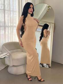 SHEIN SXY 米色性感露背金屬扣無袖洋裝，適合夜店派對夏季穿著 - 卡其色 - 查看 4