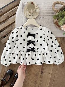 SHEIN Young Girl Polka Dot Print Bow Decor Shirt - Black and White - View 3