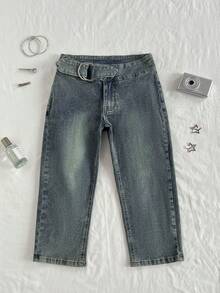 Elamini Fashionable Retro Washed Low-Waist Slim Fit Capri Denim Jeans - Dark Wash - View 6