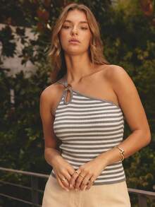 Aralina Women's Summer Casual Vacation Daily Commute Color Block Striped Pattern One Shoulder Fitted Knit Top - Multicolor - View 5