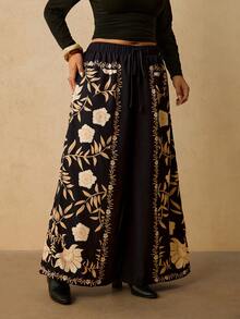 Levarali Plus Size Tropical Vacation Style Boho Wide Leg Casual Long Pants Vacation Black Autumn - Black - View 4