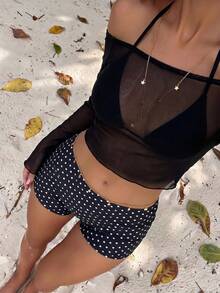 Swim Bonvoyette 夏季女款性感三件套，深V領、露背、露肩、細肩帶、掛脖設計，搭配三角褶皺上衣、比基尼以及貼身修身圓點印花短褲 - 黑色 - 查看 3