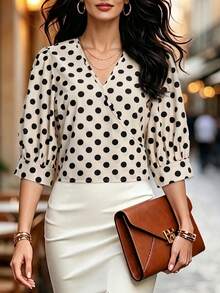 SHEIN LUNE Blusa de mujer de verano con cuello en V, mangas abullonadas, lunares, cintura ceñida, estilo francés romántico para la hora del té - Albaricoque - Ver 4