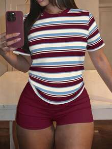 Slaydiva Women's Summer Casual Striped T-Shirt And Solid Color Shorts 2-Piece Set - Multicolor - View 5