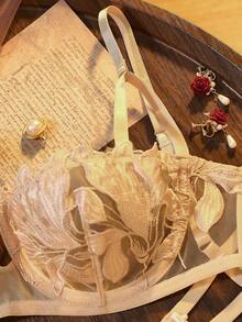 Divavoom Maple Leaf Burnout Half Cup Lingerie Set, Sexy Sheer 2-Piece Set - Champagne - View 6