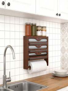 1 Roll Bamboo Cling Film Dispenser With Aluminum Foil Dispenser And Paper Towel Holder Space Saving Kitchen Wrap Organizer Rack For Kitchen Counter Drawer Back To School Season Durable Rust Proof Easy Cut Slider - Multicolor - View 17