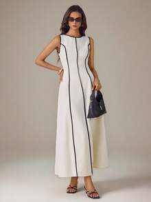 SHEIN Tall 女款休閒無袖圓領撞色洋裝，適合夏季日常穿著，米色撞色無袖收腰優雅長洋裝，女款夏季休閒長洋裝外出穿搭 - 杏色 - 查看 5