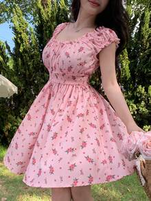 SHEIN Unity 女款休閒可愛碎花迷你洋裝，夏季野餐早午餐粉色花卉 - 彩色 - 查看 6