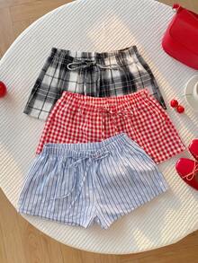 Comfortcana Setelan 3 Potong Celana Pendek Kasual Musim Panas Wanita Motif Kotak-kotak & Garis-garis - MultiWarna - View 8