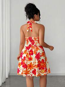 Elenzga Plus Size Casual Dopamine Ditsy Floral V-Neck Tie-Up Sleeveless Maxi Dress, Suitable For Beach, Vacation, And Summer Dates - Coral Orange - View 8