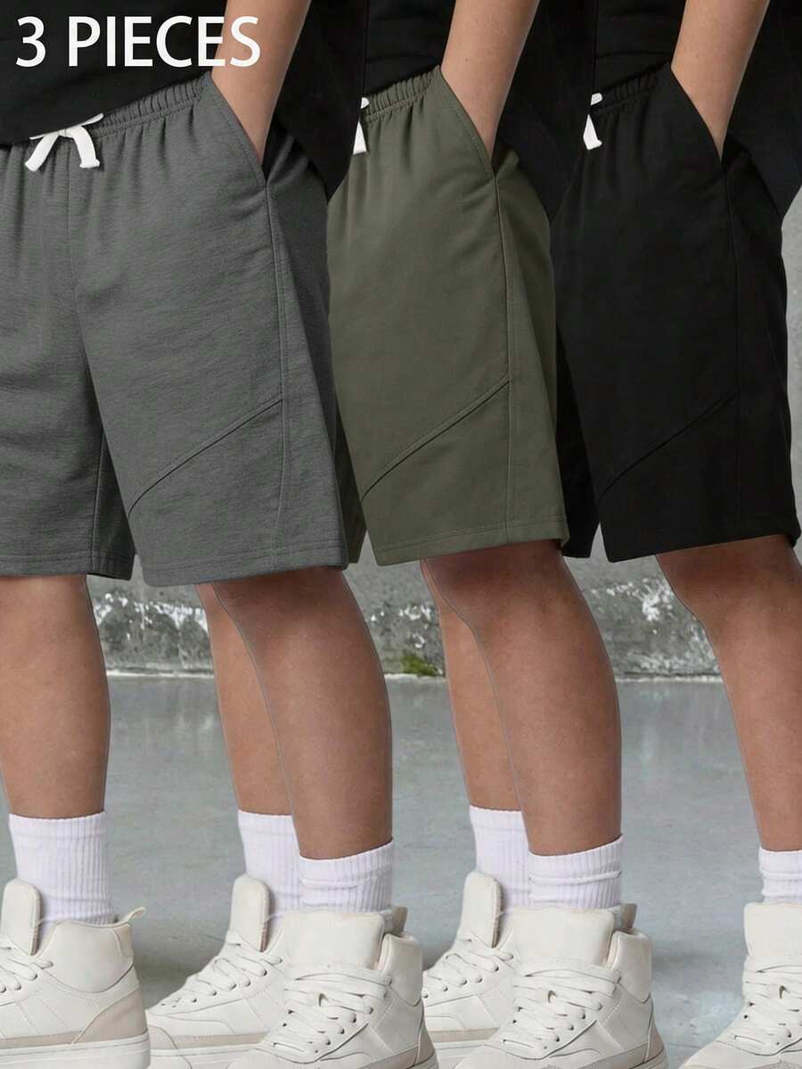 SHEIN 3件組買2送1兒童青少年男孩休閒軟舒適百搭短褲套裝,運動服,抽繩黑色短褲,麻灰色短褲,綠色短褲,Y2K短褲,SS26,夏季短褲,夏季,適合春/夏,外出,情人節,約會,旅行,度假,家庭聚會,返校,婚禮季節,晚餐,運動,生日派對 - 彩色 - 查看 1
