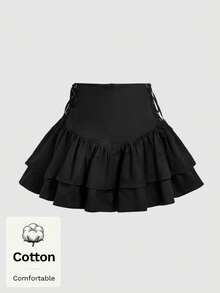 SHEIN MOD 女士纯棉纯色系带侧边荷叶边下摆半身裙 - 黑色 - 查看 2