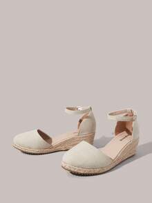 Styleloop 女士坡跟厚底鞋 春夏新款 增高显瘦 包头低帮设计 圆头 5.5cm坡跟 舒适高跟 亚麻材质 纯色 女士鞋 日常通勤 购物 约会必备 - 杏色 - 查看 3
