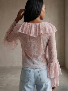 Rouah Women's V-Neck Ruffle Boho Lace Blouse - Summer Blouse, Sheer Blouse, See Thru Blouse, Blouse For Summer, Layering Blouse, Boho Blouse - Pink - View 2