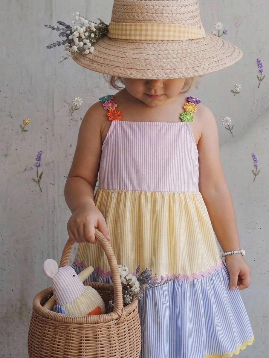 Cozy Pixies Đầm patchwork sọc cầu vồng cho bé gái, đầm chữ A thắt eo họa tiết hoa nhiều màu sắc, thích hợp cho các dịp thường nhật, lễ hội, đi biển, nghỉ mát, phong cách boho, mùa xuân/hè. - Nhiều màu - Xem 1