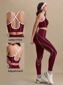 Solea Cove Solea Cove Conjunto deportivo de top halter sin espalda y leggings para mujer - Burdeos - Ver 2