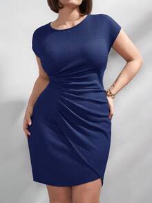 Chikora Vestido de moda ajustado con cuello redondo, manga corta y fruncido de unicolor para mujer talla grande - Azul - Ver 5